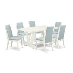 East West Furniture V026LA015-7 7Pc Wood Dining Table Set Contains a Wood Table and 6 Parsons Dining Room Chairs with Baby Blue Color Linen Fabric, Medium Size Table with Full Back Chairs, Wirebrushed