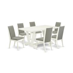 East West Furniture V026LA206-7 7-Piece Fashionable Dinette Set an Excellent Linen White Dining Room Table Top and 6 Excellent Linen Fabric Dining Room Chairs with Stylish Chair Back, Linen White Fini