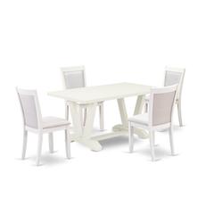 V026MZ001-5 5-Piece Table Set Contains a Rectangular Table and 4 Cream Parson Dining Chairs - Wire Brushed Linen White Finish