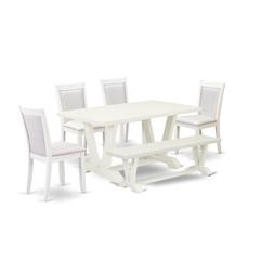 V026MZ001-6 6-Pc Table Set Contains a Dining Table - 4 Cream Dining Chairs and a Wood Bench - Wire Brushed Linen White Finish