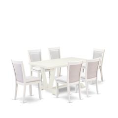 V026MZ001-7 7-Piece Kitchen Dining Table Set Contains a Wooden Table and 6 Cream Dining Chairs - Wire Brushed Linen White Finish