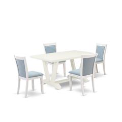 V026MZ015-5 5-Piece Dining Room Set Contains a Dining Table and 4 Baby Blue Upholstered Chairs - Wire Brushed Linen White Finish
