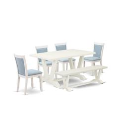V026MZ015-6 6-Pc Table Set Contains a Wood Table - 4 Baby Blue Parson Chairs and a Small Bench - Wire Brushed Linen White Finish