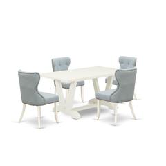 East West Furniture V026SI215-5 5-Piece Dining Room Table Set- 4 Parson Chairs with Baby Blue Linen Fabric Seat and Button Tufted Chair Back - Rectangular Table Top & Wooden Legs - Linen White Finish