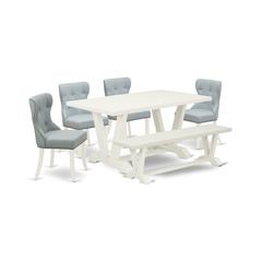 East West Furniture V026SI215-6 6-Piece Modern Dining Table Set- 4 Mid Century Dining Chairs with Baby Blue Linen Fabric Seat and Button Tufted Chair Back - Rectangular Top & Wooden Legs Kitchen Table