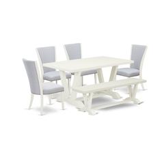 East West Furniture V026VE005-6 6 Piece Table Set - 4 Grey Linen Fabric Parson Chairs with Nailheads and Wirebrushed Linen White Wooden Dining Table - 1 Kitchen Bench - Wirebrush Linen White Finish