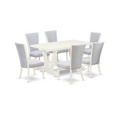 East West Furniture 7-Pc Dining Table Set Consists of 6 Modern Chairs with Upholstered Seat and Stylish Back-Rectangular Kitchen Dining Table - Linen White and Wirebrushed Linen White Finish
