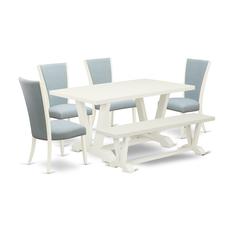 East West Furniture V026VE215-6 6 Piece Dining Room Table Set - 4 Baby Blue Linen Fabric Dining Chair with Nailheads and Linen White Dinner Table - 1 Kitchen Bench - Linen White Finish
