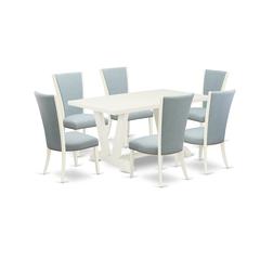 East West Furniture V026VE215-7 7 Piece Dining Room Table Set - 6 Baby Blue Linen Fabric Dinning Room Chairs with Nailheads and Linen White Dining Room Table - Linen White Finish