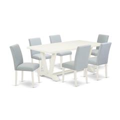 East West Furniture 7-Piece Dining Room Set Includes 6 Modern Chairs with Upholstered Seat and High Back and a Rectangular Dining Table - Linen White Finish