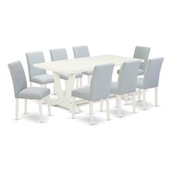 East West Furniture 9-Piece Dining Room Table Set Includes 8 Dining Chairs with Upholstered Seat and High Back and a Rectangular Dining Room Table - Linen White Finish