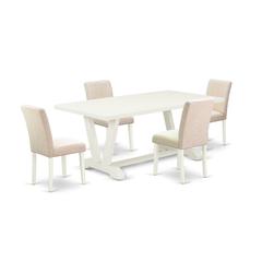 East West Furniture 5-Piece Mid Century Dining Table Set Included 4 Padded Parson Chairs Upholstered Seat and Stylish Chair Back and Rectangular Wood Table with Linen White Table Top - Linen White Fin