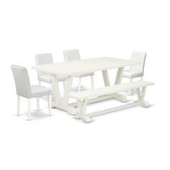 East West Furniture V027AB264-6 6-Piece Amazing Modern Dining Table Set a Superb Linen White dining table Top and Linen White Kitchen Bench and 4 Awesome Pu Leather Dining Chairs with Stylish Chair Ba