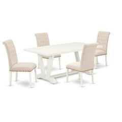 East West Furniture 5-Piece Dinette Set Included 4 kitchen parson chairs Upholstered Seat and High Button Tufted Chair Back and Rectangular Dining Table with Linen White Rectangular Dining Table Top -