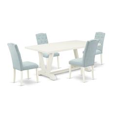 East West Furniture 5-Pc Dining Table Set- 4 Dining Padded Chairs with Baby Blue Linen Fabric Seat and Button Tufted Chair Back - Rectangular Table Top & Wooden Legs - Linen White Finish