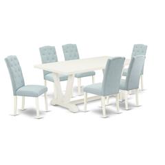 East West Furniture 7-Piece Kitchen Dining Set- 6 Parson Dining Chairs with Baby Blue Linen Fabric Seat and Button Tufted Chair Back - Rectangular Table Top & Wooden Legs - Linen White and Linen White