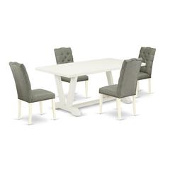 East West Furniture 5-Pc Dining Room Table Set- 4 Dining Chairs with Smoke Linen Fabric Seat and Button Tufted Chair Back - Rectangular Table Top & Wooden Legs - Linen White Finish