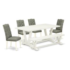 East West Furniture 6-Piece Dining Room Set- 4 Parson Chairs with Smoke Linen Fabric Seat and Button Tufted Chair Back - Rectangular Top & Wooden Legs Wood Kitchen Table and Wood Bench - Linen White F