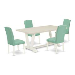 East West Furniture 5 Pc Mid Century Dining Set Consists of a Linen White Wood Table and 4 Pond PU Leather Upholstered Dining Chairs with High Back - Wire Brushed Linen White Finish