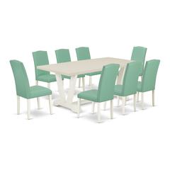 East West Furniture 9 Piece Kitchen Table Set Includes a Linen White Wooden Dining Table and 8 Pond PU Leather Dining Room Chairs with High Back - Wire Brushed Linen White Finish