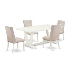 East West Furniture 5-Piece Beautiful Dining Room Set an Outstanding Linen White rectangular Table Top and 4 Amazing Linen Fabric Solid Wood Chairs Legs with Nail Heads and Stylish Chair Back, Linen W