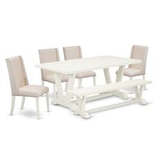 East West Furniture 6-Piece Awesome Dining Table Set a Great Linen White Kitchen Table Top and Linen White Dining Table Bench and 4 Lovely Linen Fabric Parson Chairs with Nail Heads and Stylish Chair