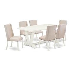 East West Furniture 7-Piece Beautiful Dining Room Table Set a Good Linen White Dining Table Top and 6 Awesome Linen Fabric Parson Dining Chairs with Nail Heads and Stylish Chair Back, Linen White Fini