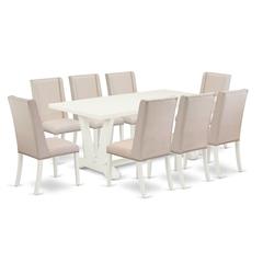 East West Furniture 9-Piece Modern Dinette Set a Great Linen White Dining Room Table Top and 8 Amazing Linen Fabric Dining Chairs with Nail Heads and Stylish Chair Back, Linen White Finish