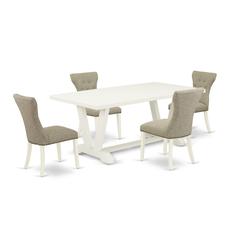 East West Furniture 5-Pc Dinette Room Set- 4 Upholstered Dining Chairs with Doeskin Linen Fabric Seat and Button Tufted Chair Back - Rectangular Table Top & Wooden Legs - Linen White Finish