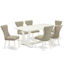 East West Furniture 7-Pc Dining Room Table Set- 6 Dining Chairs with Doeskin Linen Fabric Seat and Button Tufted Chair Back - Rectangular Table Top & Wooden Legs - Linen White Finish