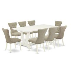 East West Furniture 9-Piece Modern Dining Set- 8 Kitchen Chairs with Doeskin Linen Fabric Seat and Button Tufted Chair Back - Rectangular Table Top & Wooden Legs - Linen White Finish