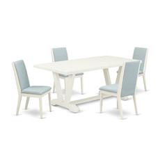 East West Furniture V027LA015-5 5Pc Modern Dining Table Set Offers a Dining Room Table and 4 Upholstered Dining Chairs with Baby Blue Color Linen Fabric, Medium Size Table with Full Back Chairs, Wireb