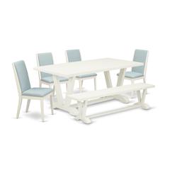 East West Furniture V027LA015-6 6Pc Dining Set Offers a Dining Room Table, 4 Parson Dining Chairs with Baby Blue Color Linen Fabric and a Bench, Medium Size Table with Full Back Chairs, Wirebrushed Li