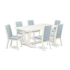 East West Furniture V027LA015-7 7Pc Dining Table Set Contains a Dining Room Table and 6 Parson Chairs with Baby Blue Color Linen Fabric, Medium Size Table with Full Back Chairs, Wirebrushed Linen Whit
