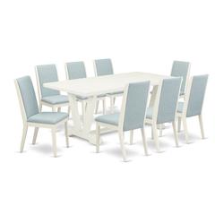 East West Furniture V027LA015-9 9Pc Dining Room Table Set Consists of a Rectangle Table and 8 Parsons Dining Chairs with Baby Blue Color Linen Fabric, Medium Size Table with Full Back Chairs, Wirebrus