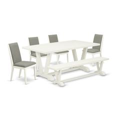 East West Furniture V027LA206-6 6-Piece Amazing Dining Room Table Set an Excellent Linen White Kitchen Rectangular Table Top and Linen White Kitchen Bench and 4 Stunning Linen Fabric Dining Room Chair