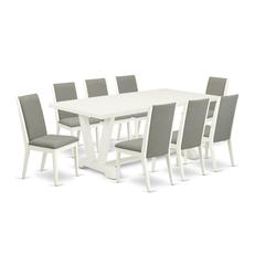 East West Furniture V027LA206-9 9-Piece Awesome Dining Table Set a Good Linen White Dining Table Top and 8 Awesome Linen Fabric Dining Room Chairs with Stylish Chair Back, Linen White Finish