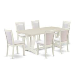 East West Furniture 7-Pc Dinner Table Set Includes a Modern Dining Table and 6 Cream Linen Fabric Dining Chairs with Stylish Back - Wire Brushed Linen White Finish