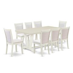 East West Furniture 9-Pc Dinette Set Includes a Wooden Table and 8 Cream Linen Fabric Dining Chairs with Stylish Back - Wire Brushed Linen White Finish