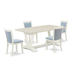 East West Furniture 5-Pc Table Set Includes a Dining Table and 4 Baby Blue Linen Fabric Dinning Room Chairs with Stylish Back - Wire Brushed Linen White Finish