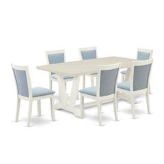 East West Furniture 7-Pc Kitchen Dining Table Set Includes a Dinning Table and 6 Baby Blue Linen Fabric Dining Chairs with Stylish Back - Wire Brushed Linen White Finish