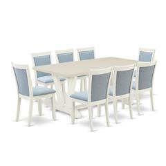 East West Furniture 9-Pc Dining Room Table Set Includes a Rectangular Table and 8 Baby Blue Linen Fabric Dining Chairs with Stylish Back - Wire Brushed Linen White Finish