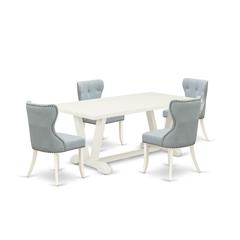 East West Furniture V027SI215-5 5-Pc Modern Dining Set- 4 padded parson chairs with Baby Blue Linen Fabric Seat and Button Tufted Chair Back - Rectangular Table Top & Wooden Legs - Linen White Finish