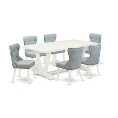 East West Furniture V027SI215-7 7-Pc Dinette Set- 6 Kitchen Parson Chairs with Baby Blue Linen Fabric Seat and Button Tufted Chair Back - Rectangular Table Top & Wooden Legs - Linen White Finish
