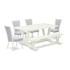 East West Furniture V027VE005-6 6 Piece Dining Room Table Set - Linen White Dining Table, 1 Dining Room Bench and 4 Grey Linen Fabric Kitchen Chairs with Nailheads - Wire Brushed Linen White Finish