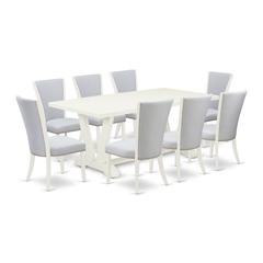 East West Furniture 9-Piece Kitchen Table Set Consists of 8 Mid Century Chairs with Upholstered Seat and Stylish Back-Rectangular Dining Room Table - Linen White and Wirebrushed Linen White Finish