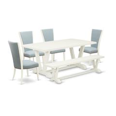 East West Furniture V027VE215-6 6 Piece Mid Century Dining Set - 4 Baby Blue Linen Fabric Dining Chairs with Nailheads and Linen White Wood Dining Table - 1 Dining Room Bench - Linen White Finish
