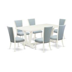 East West Furniture V027VE215-7 7-Piece Mid Century Dining Set - 6 Baby Blue Linen Fabric Parson Dining Chairs with Nail Heads and Linen White Wooden Table - Linen White Finish