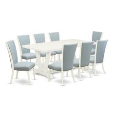 East West Furniture V027VE215-9 9 Piece Kitchen Table Set - 8 Baby Blue Linen Fabric Dining Room Chairs with Nail Heads and Linen White Modern Kitchen Table - Linen White Finish
