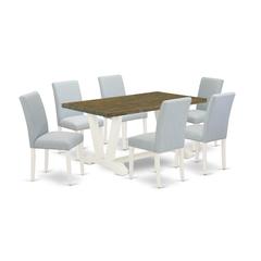 East West Furniture 7-Piece Kitchen and Dining Room Chairs Includes 6 Mid Century Chairs with Upholstered Seat and High Back and a Rectangular Kitchen Table - Linen White Finish